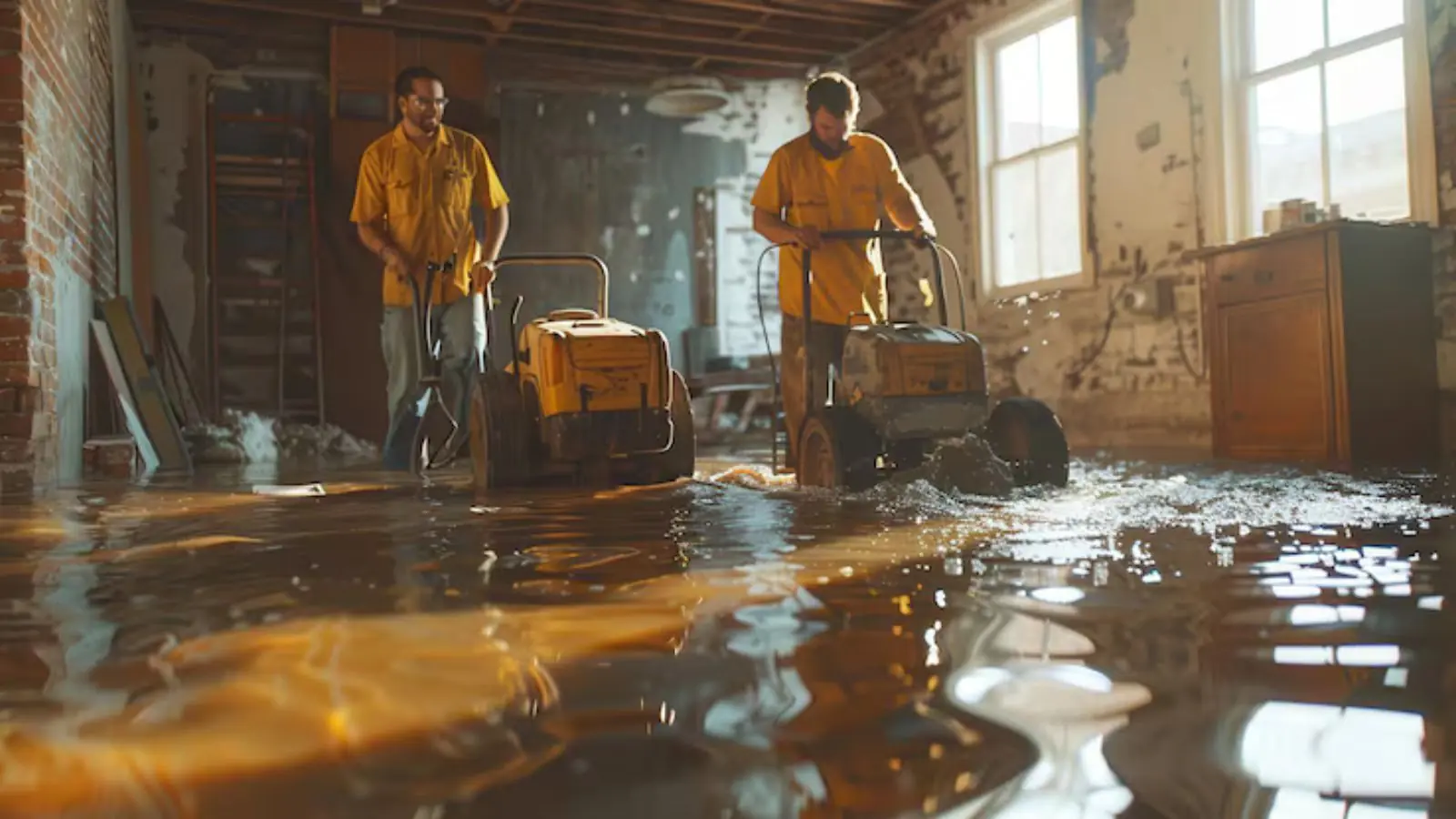 Two technicians running water extraction machines across a flooded room