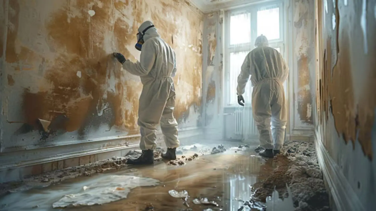 Technicians in protective suits and respirators working on a mold affected wall