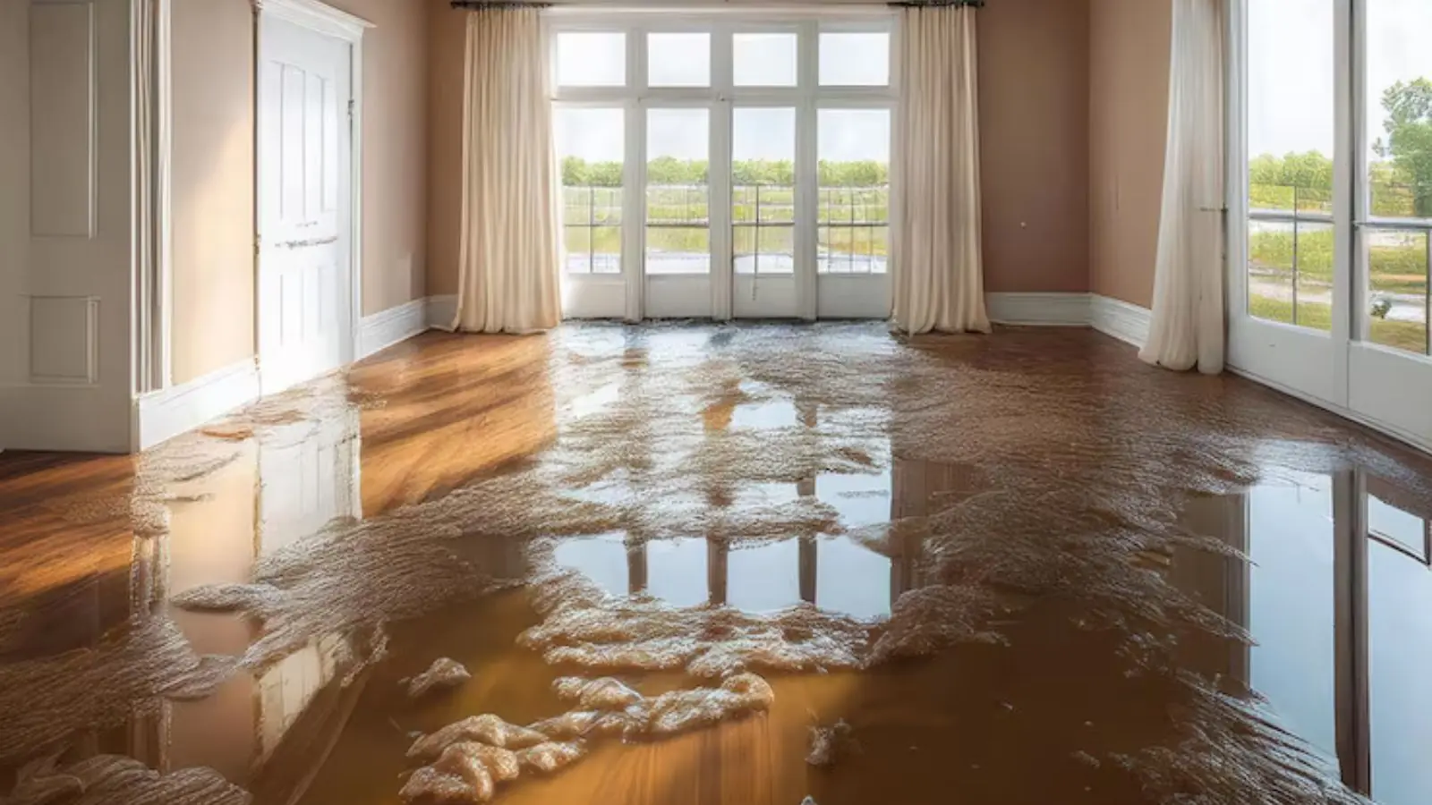 Water across the wood floor of a bright home beside large windows