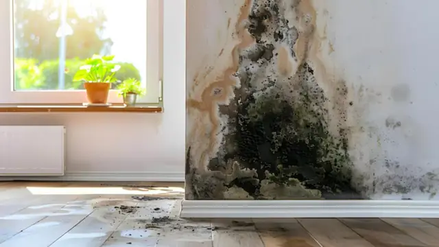Dark mold stain climbing a wall next to a sunny window