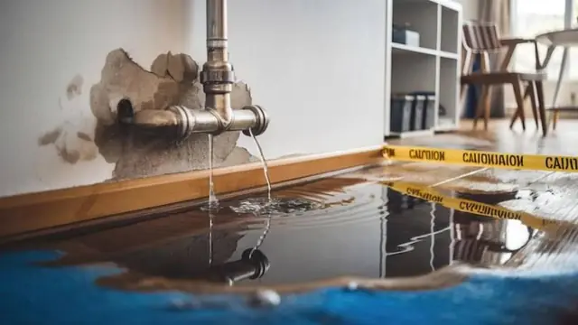 Leaking pipe and a water stained wall above a wet floor marked with caution tape