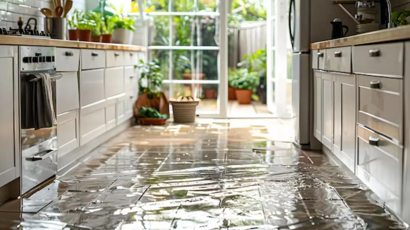 Water on a kitchen floor in front of the cabinets and oven